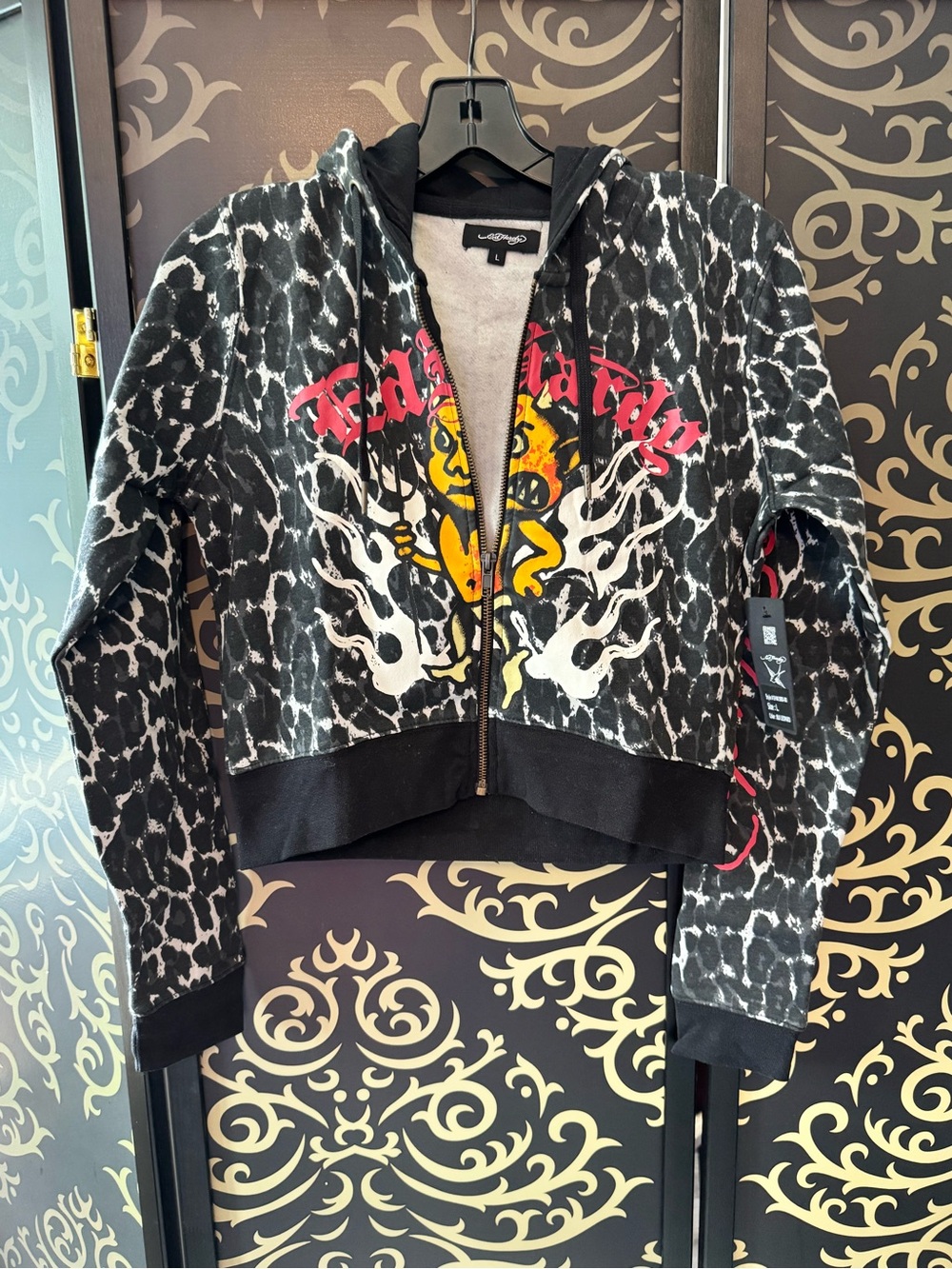 Ed Hardy Black Leopard-Print Zip Hoodie with Yellow and Red Graphic